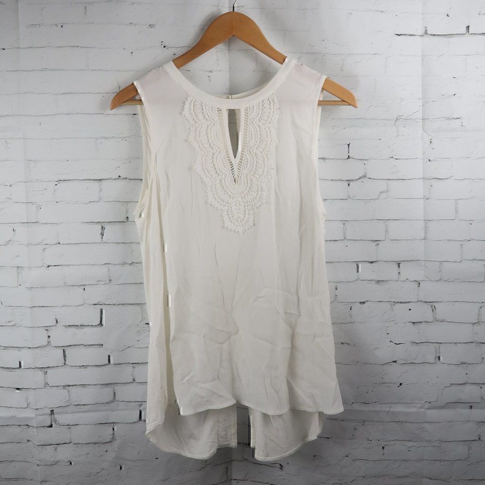 PALE SKY IVORY SLEEVELESS ROUND NECK LACE DETAIL TUNIC TOP SIZE MEDIUM